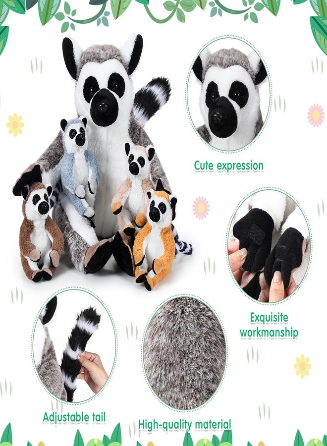 RoundFunny 5 Pcs Lemur Stuffed Animal Set Mommy Lemur Plush with 4 Cute Babies in Her Tummy Soft Cuddly Plush Toys for Boys Girls Birthday Gifts Baby Shower Woodland Party Decor - Image 3